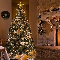 Vista 2 de Pequeño adorno para árbol de Navidad con estrella y luz LED de 15 cm, estrella para árbol de Navidad con diseño rústico, adorno festivo para árbol