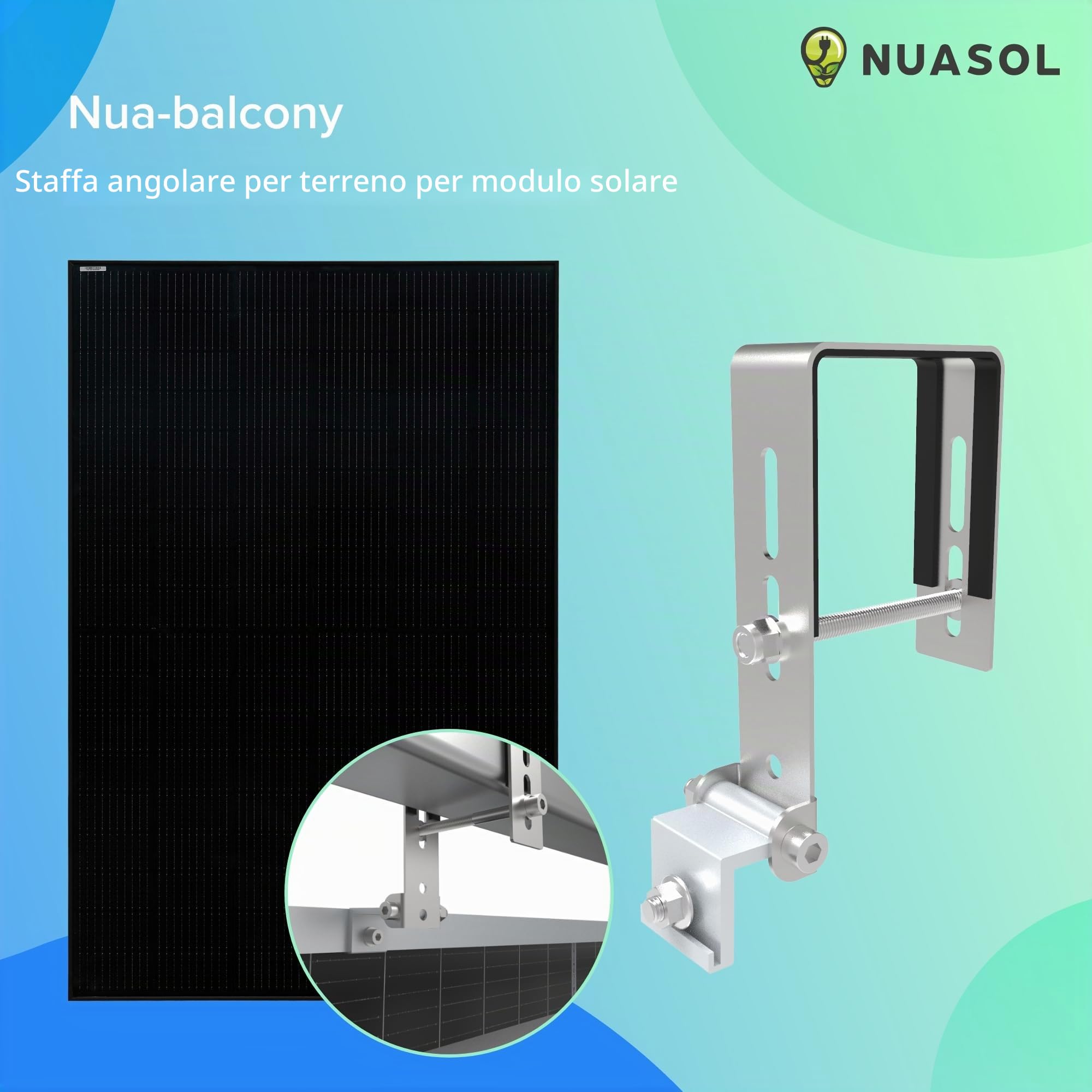Supporto per centrale elettrica da balcone per ringhiera 2 pannelli solari e un inverter fotovoltaico | rettangolare | Set | angolo di inclinazione 0° & 25-45°