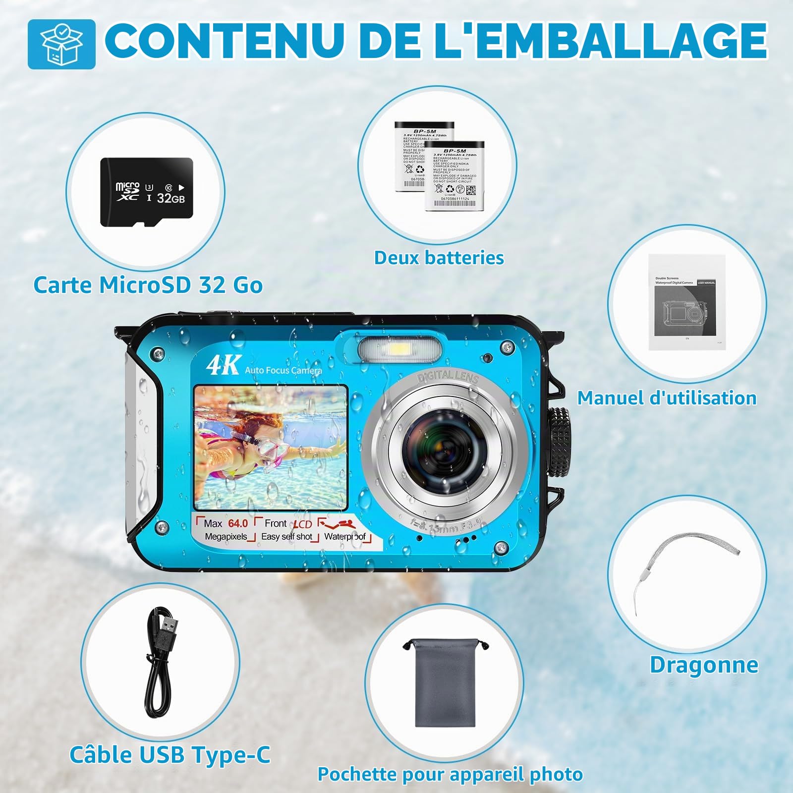 Appareil Photo Etanche 64MP avec Carte 32GB, Camera Etanche 4K avec Autofocus Et Double Écran Selfie, Appareil Photo Etanche Numérique 5 Mètres, Caméra Enfants Snorkeling (2 Batteries)