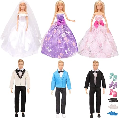 SOTOGO 18 piezas de ropa y accesorios para muñeca de 11.5 pulgadas, juego de boda feliz incluye 6 juegos hechos a mano para el novio, vestido de