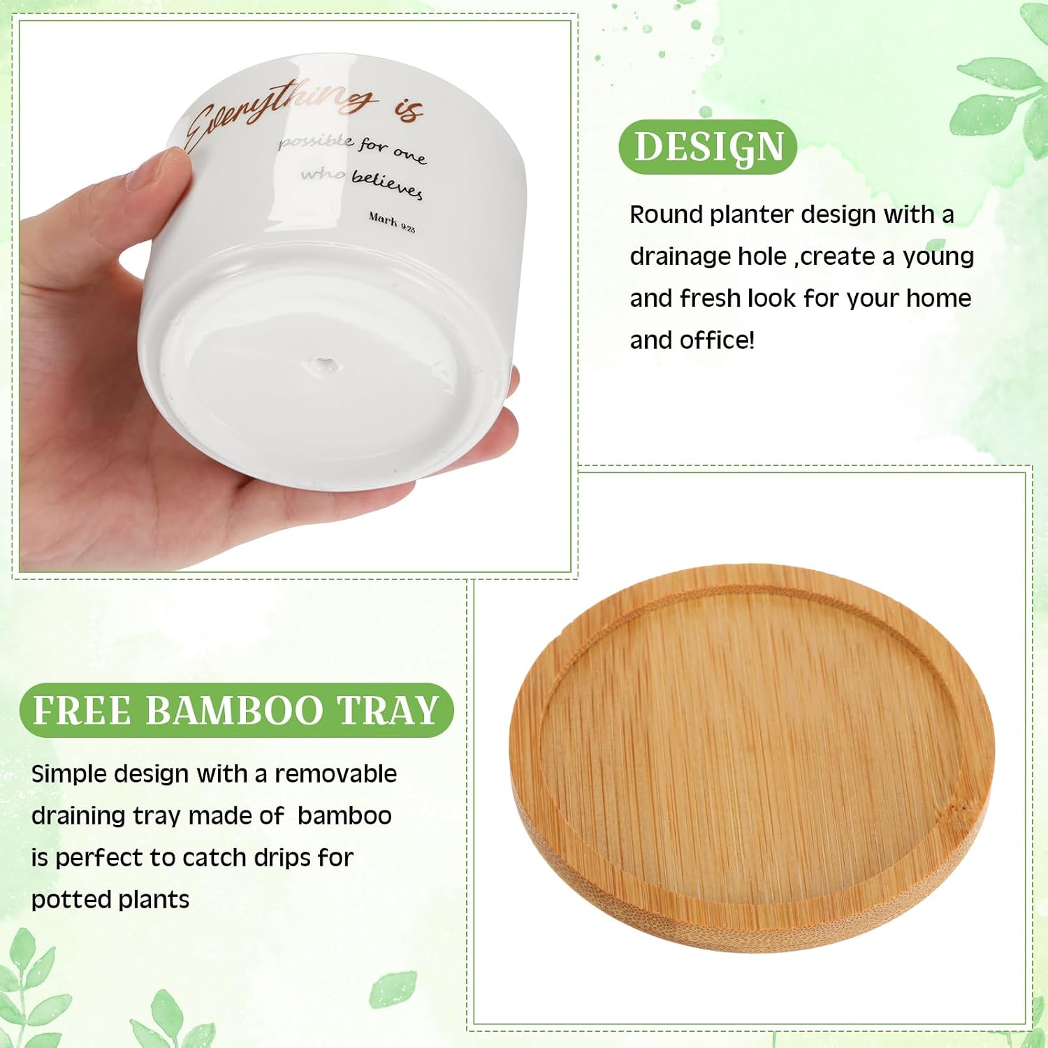Mifoci 6 Pcs Bible Verse Succulent Pot Christian Bible Verse Gifts Set Ceramic Mini Floral Succulent Planters with Bamboo Tray 3 x 3 x 2 Inches Plant Pots Decorative for Garden Birthday