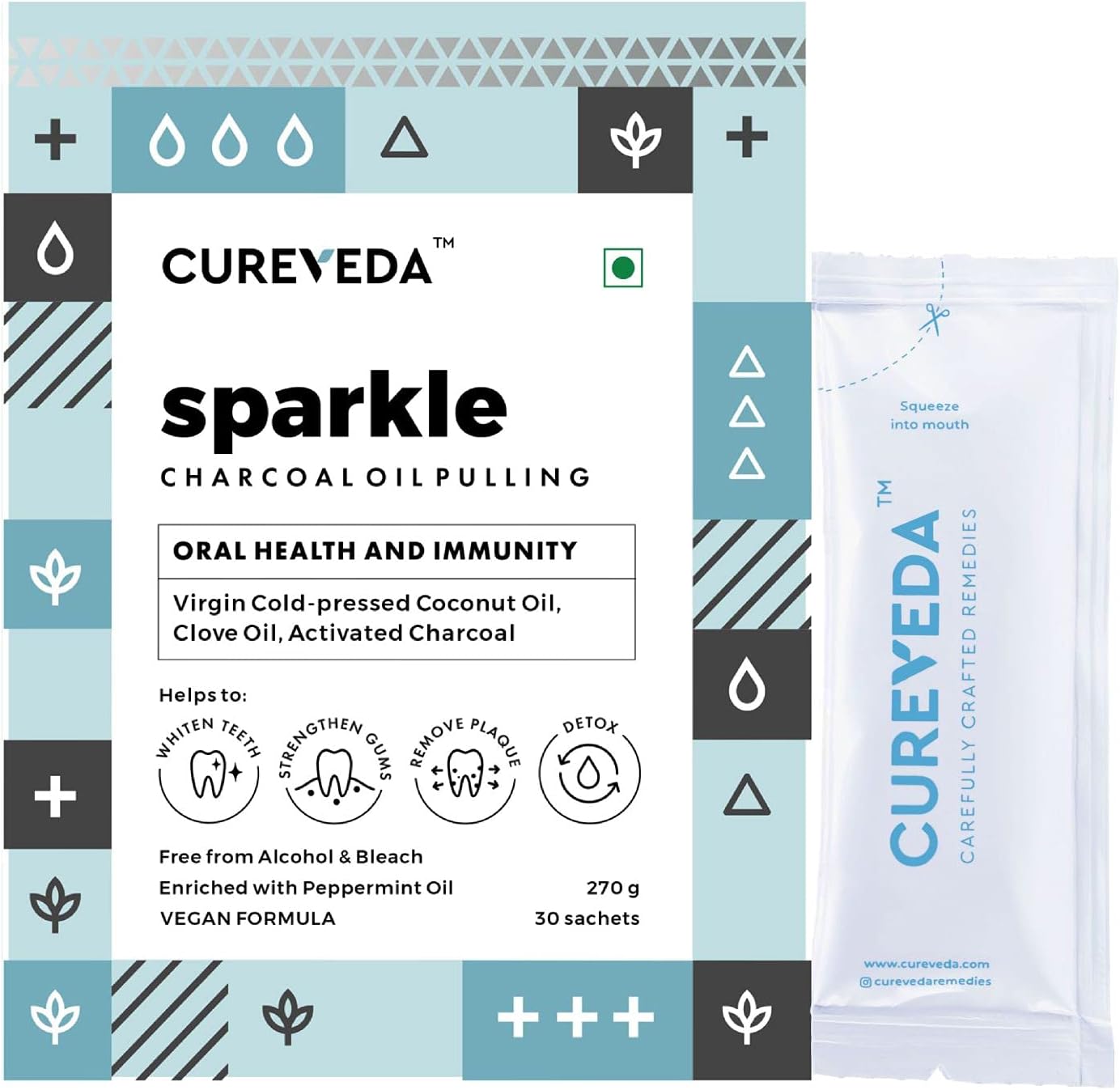 Cureveda Sparkle Charcoal Oil Pulling for Mouth | | Herbal Mouthwash with Virgin Coconut Oil | Healthy Teeth, Stronger Gums, Oral Detox | Peppermint Flavour Pack of 1 (30 Sachet)