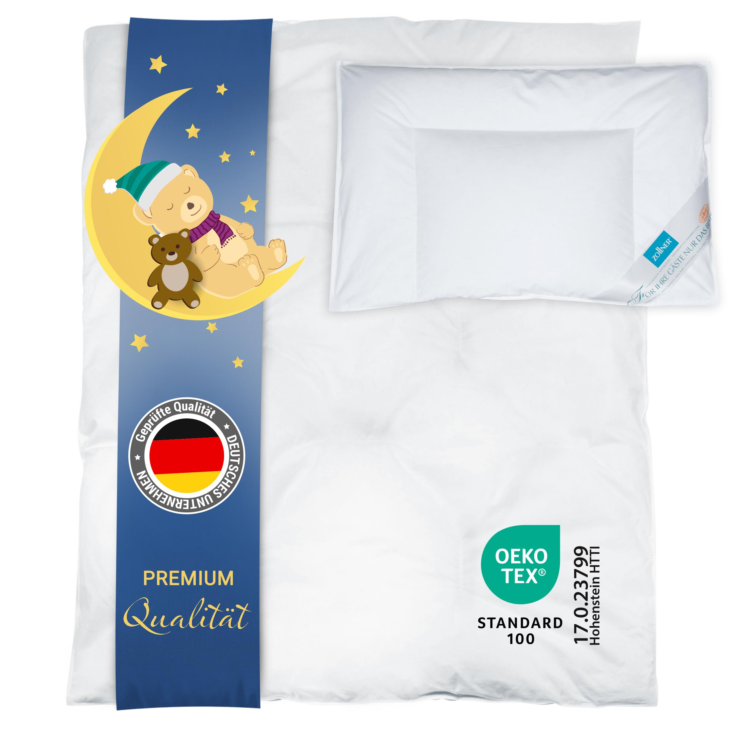 ZOLLNER Kinder & Kleinkinder Premium Bettenset - Bettdecke und Kopfkissen aus 90% Daunen und 10% Federn - Bezug aus Baumwolle - Made in Germany - 40x60cm und 100x135cm - für Kinder bis 5 Jahre