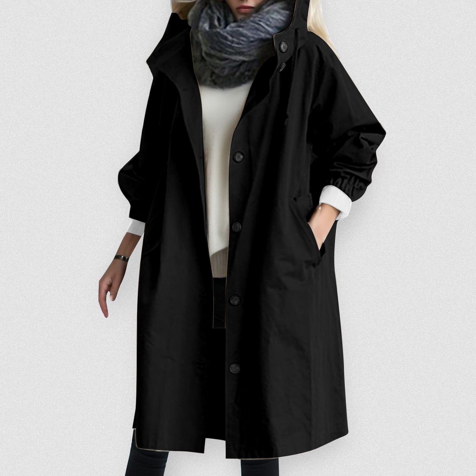 Generisch Trench noir pour femme, trench coat long avec capuche, parka, manteau de transition, manteau d'été, veste coupe-vent, veste d'extérieur léger, trench coat, manteau, coupe-vent, noir, L