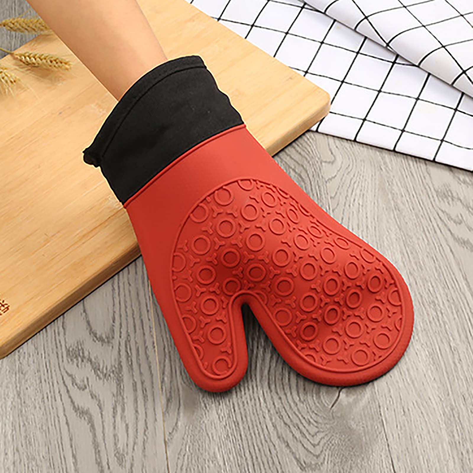 Juego de guantes de horno de silicona, forro de algodón suave, guantes gruesos flexibles impermeables para cocinar, barbacoa, manoplas de cocina, rojo, una pieza de