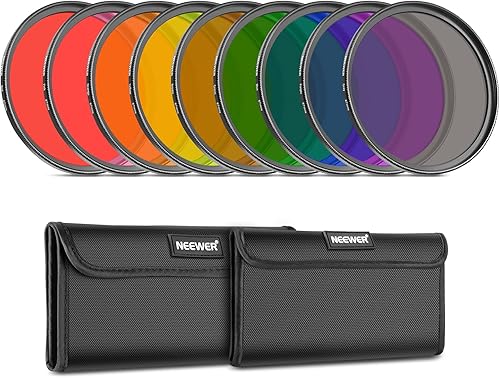 NEEWER Juego de 9 filtros de lente a todo color, filtros de lente de resina de 2.638 in con rojo, naranja, azul, amarillo, verde, marrón, morado,
