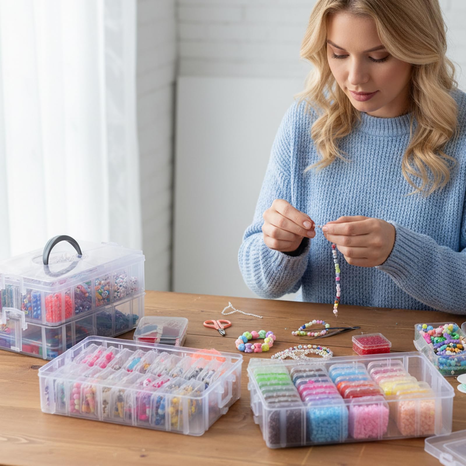 SGHUO Scatola organizer per perline, 84 pezzi, contenitori impilabili a 4 ripiani, per lavori artistici, nastri washi, giocattoli per bambini, gioielli, prodotti di bellezza e cucito
