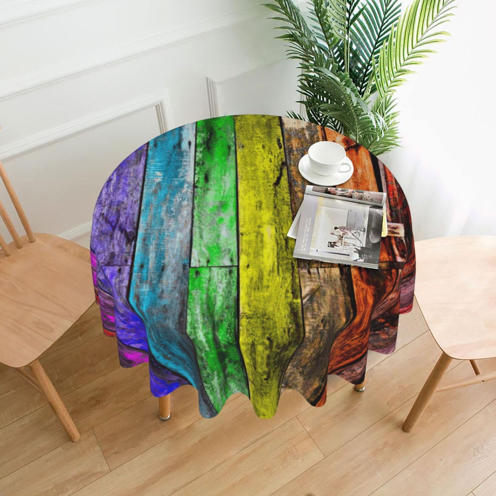 Uusnwaa Paint Wooden Boards Print Round Tablecloth 60 Inch, Stain Wrinkle Resistant Washable Polyester Table Cover For Kitchen Party