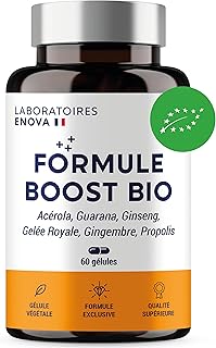 FORMULE BOOST BIO | 4G : Ginseng, Gelée royale, Guarana, Gingembre + Acérola | Complement Alimentaire Anti-Fatigue | Immunité et Energie | Fabriqué en France