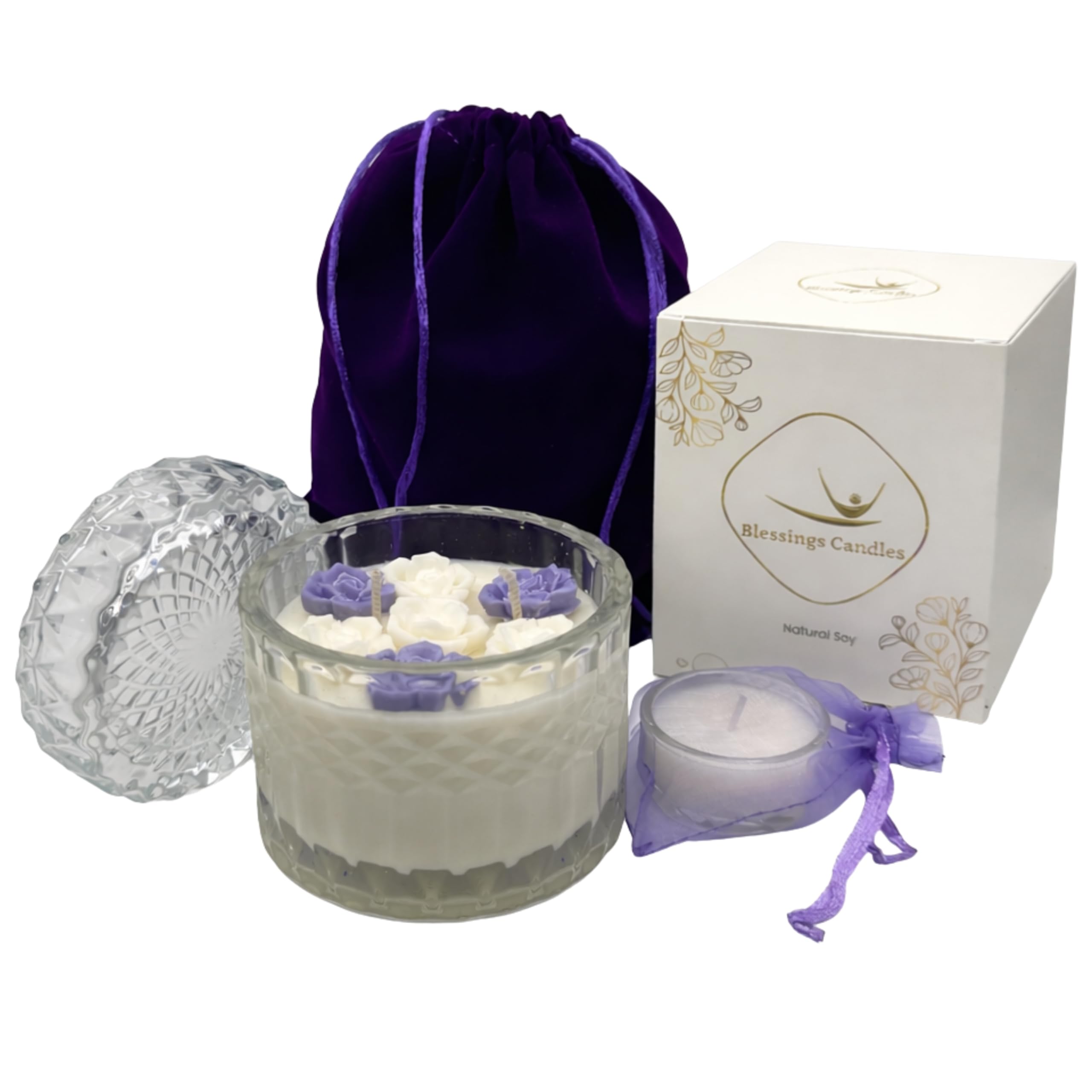 Luxury Scented Candle Gift Set for Women & Men, Soy Wax Candle, Hand Poured in UK, Home Decor, Glass Jar with Velvet Pouch (Lavender, Chamomile and Vanilla)