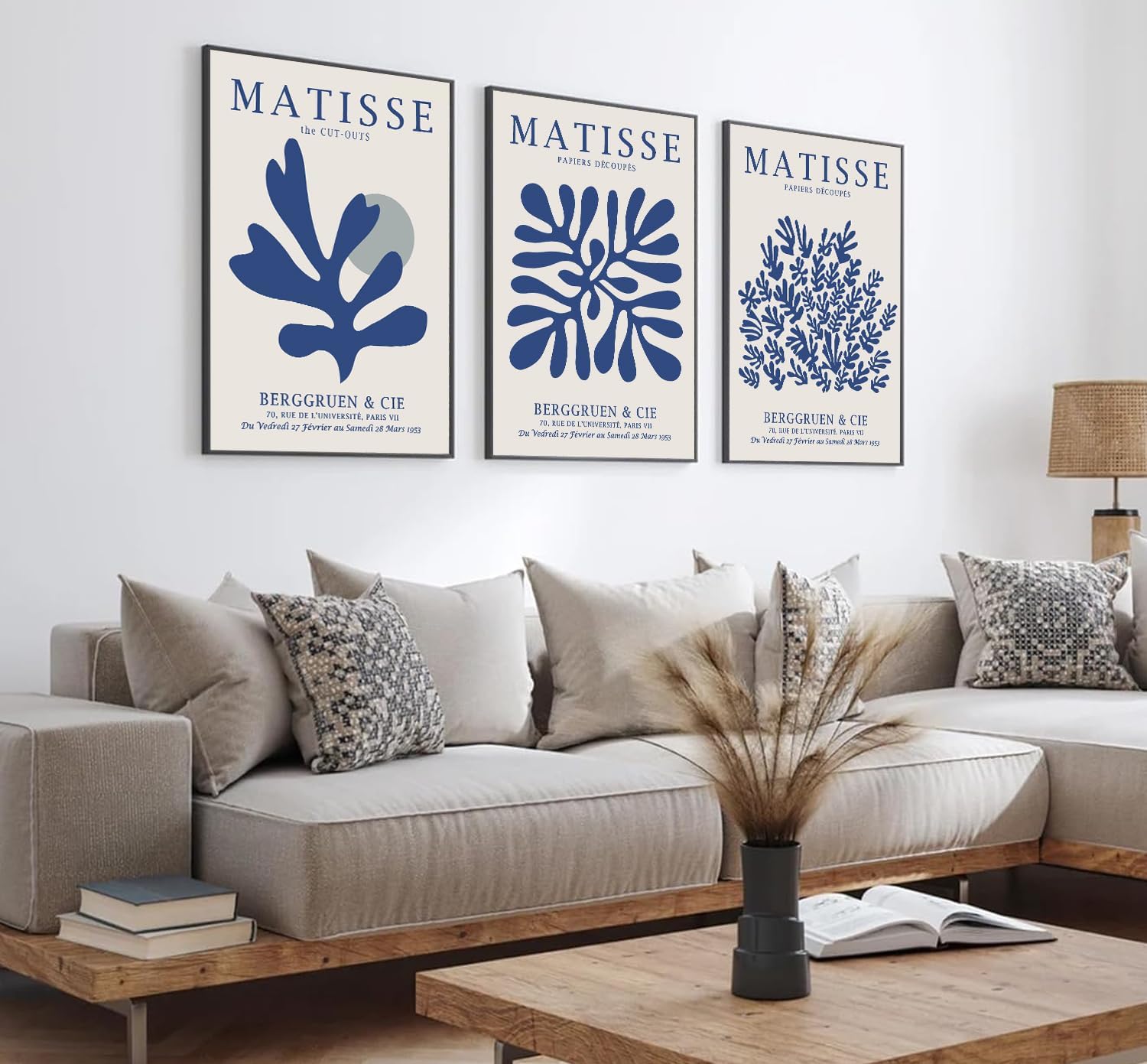 3Pcs Matisse Wall Art Abstract Henri Matisse Canvas Wall Decor Navy Blue Flower Market Minimalist Aesthetic Paintings Prints Posters for Bedroom Living Room Bathroom Home Decor 16x24inch Unframed