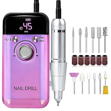 TWOEIGHT Electric Nail Drill Machine 45,000RPM - Professional Electric and Rechargeable Nail Drill with LCD Display, 12 Bits , Low Heat Quiet E-File for Acrylic Gel Nails - Salon & Home Use