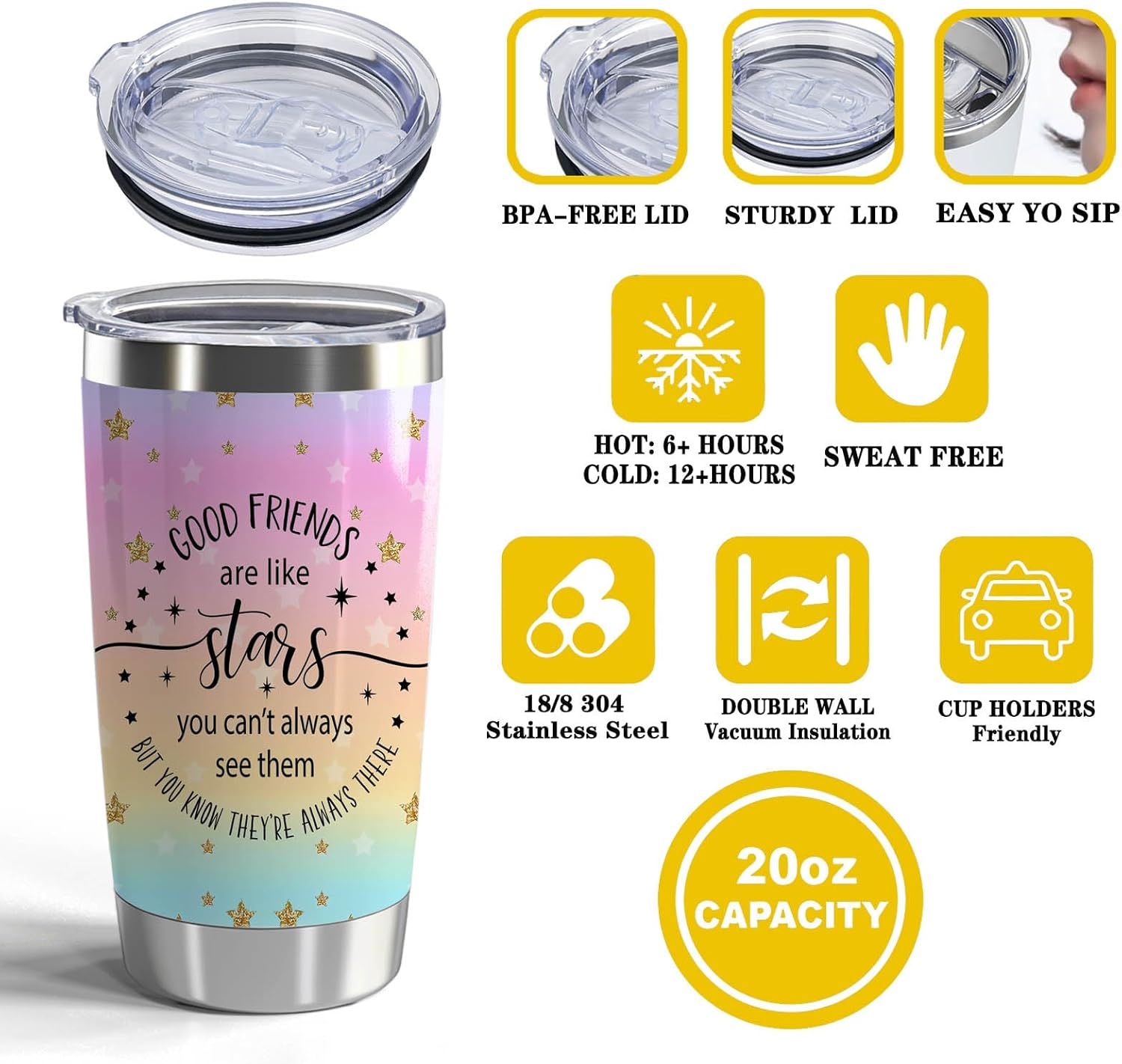 Friendship Gift Best Friends 20oz Stainless Steel Tumbler with Lid and Straw Good Friends Are Like Stars You Can't Always See Them But You Know They're Always There (Good Friends-Star) - Image 3