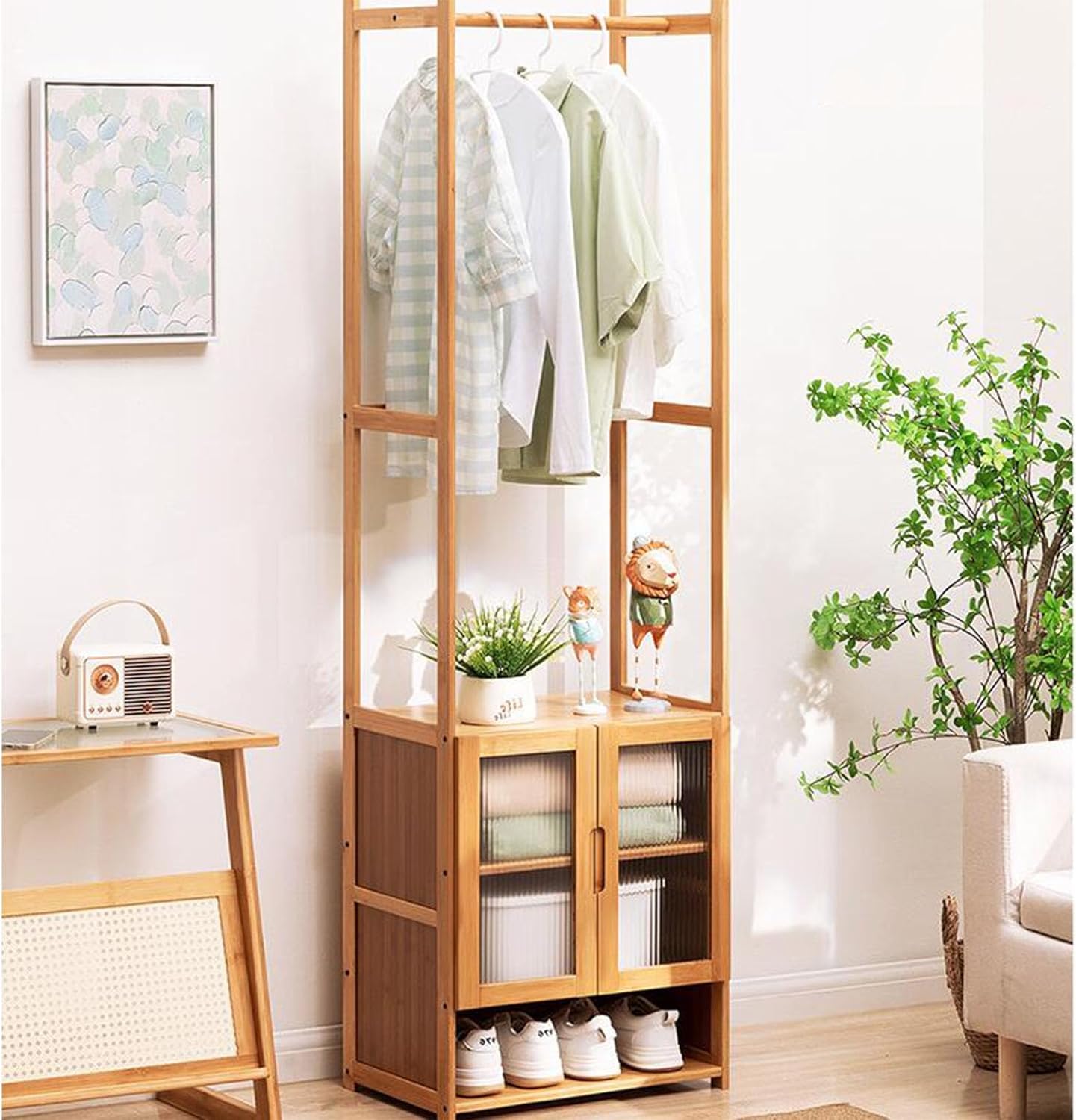 Porte-manteau d'entrée d'arbre de hall avec rangement chaussures marron