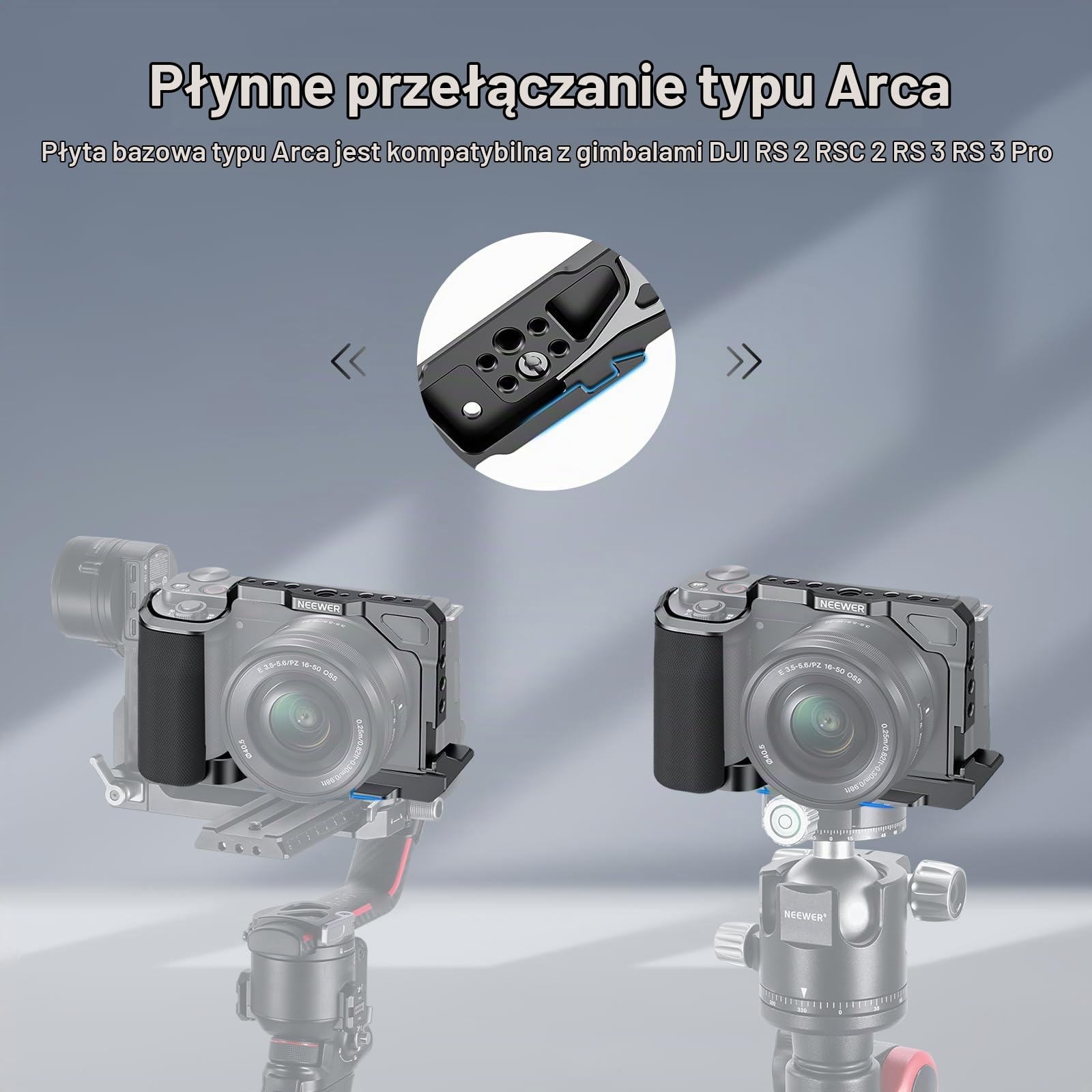 NEEWER ZV-E10 klatka na kamerę z silikonowym uchwytem, gwint 1/4", otwory pozycjonujące ARRI Arca typ QR, metalowa podstawa wideo, kompatybilna z uchwytami SmallRig DJI RS Gimbal Sony ZV-E10, CA003S