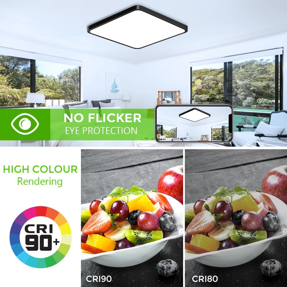 inShareplus 24W 12 Inch LED Ceiling Light Fixture, CRI 90, Square 6000K Cold White Black Flush Mount Lights, 3200LM Super Bright Ceiling Lamp, IP 40 Flat Modern Lighting for Bedroom, Kitchen, Office