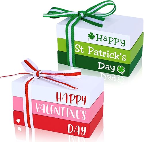 Whaline Paquete de 2 libros de madera para el Día de San Patricio apilados con cinta mini libros de imitación verde y rosa apilados centros de mesa