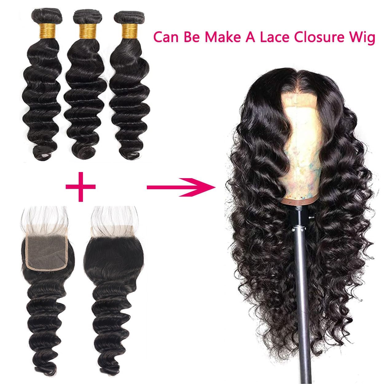 Loose Deep Wave Bundles with Closure Brazilian Virgin Human Hair Wet and Wavy Human Hair bundles with 4×4 Free Part Closure Loose Deep Curly Human Hair Bundles 24 26 28+22 inch
