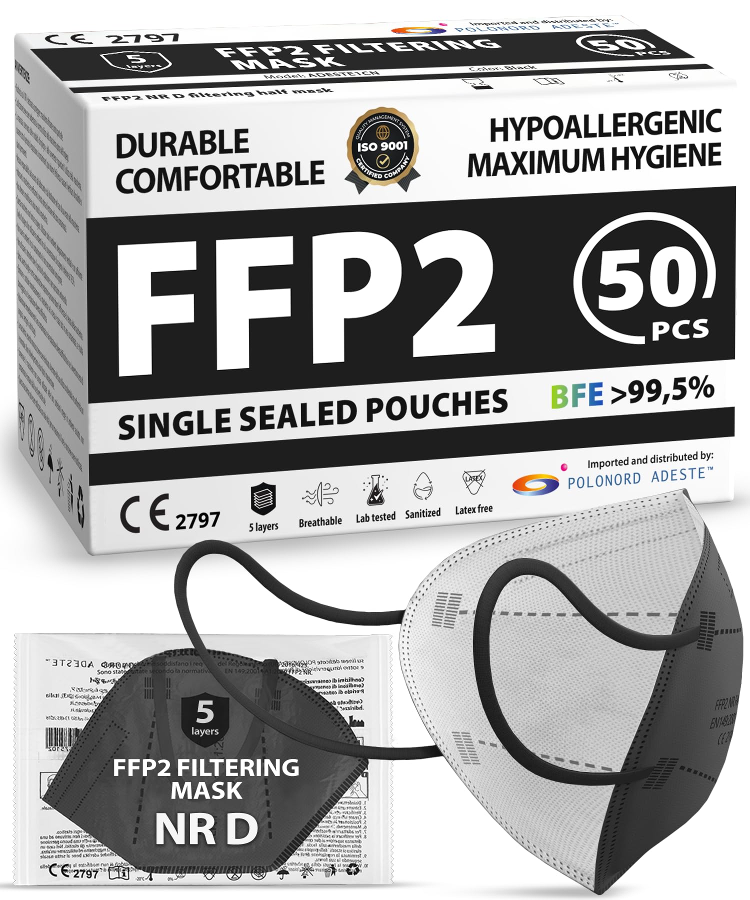 Polonord Adeste 50 Black FFP2 Masks NR D CE Certif. | Single Sealed Pouches