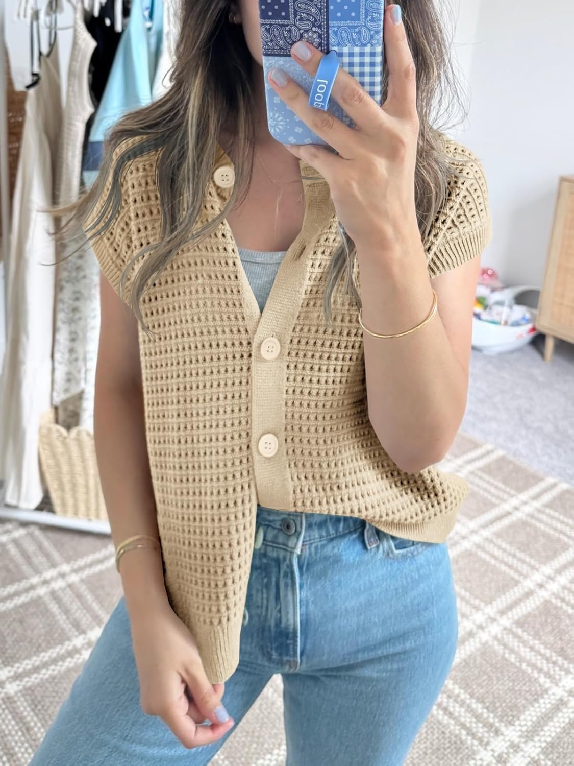 Saodimallsu Womens Short Cap Sleeve Sweater Vest Crochet Button Down Cardigans Crew Neck Summer Knit Tops - Image 4