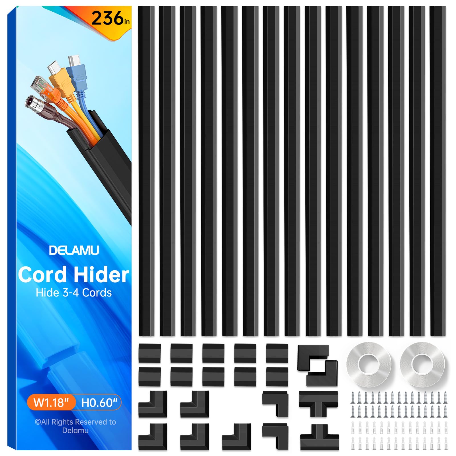 Delamu Cable Trunking, Cable Wall Cover, Paintable Cord Hider to Hide Wires for TV and Computers in Home Office, Black, 6M, 15 x 400mm L, 30mm W x 17mm H