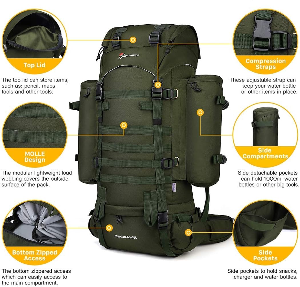 Mardingtop 65L/65+10L Molle Hiking Internal Frame Backpacks with Rain Cover for Camping,Backpacking : Sports & Outdoors