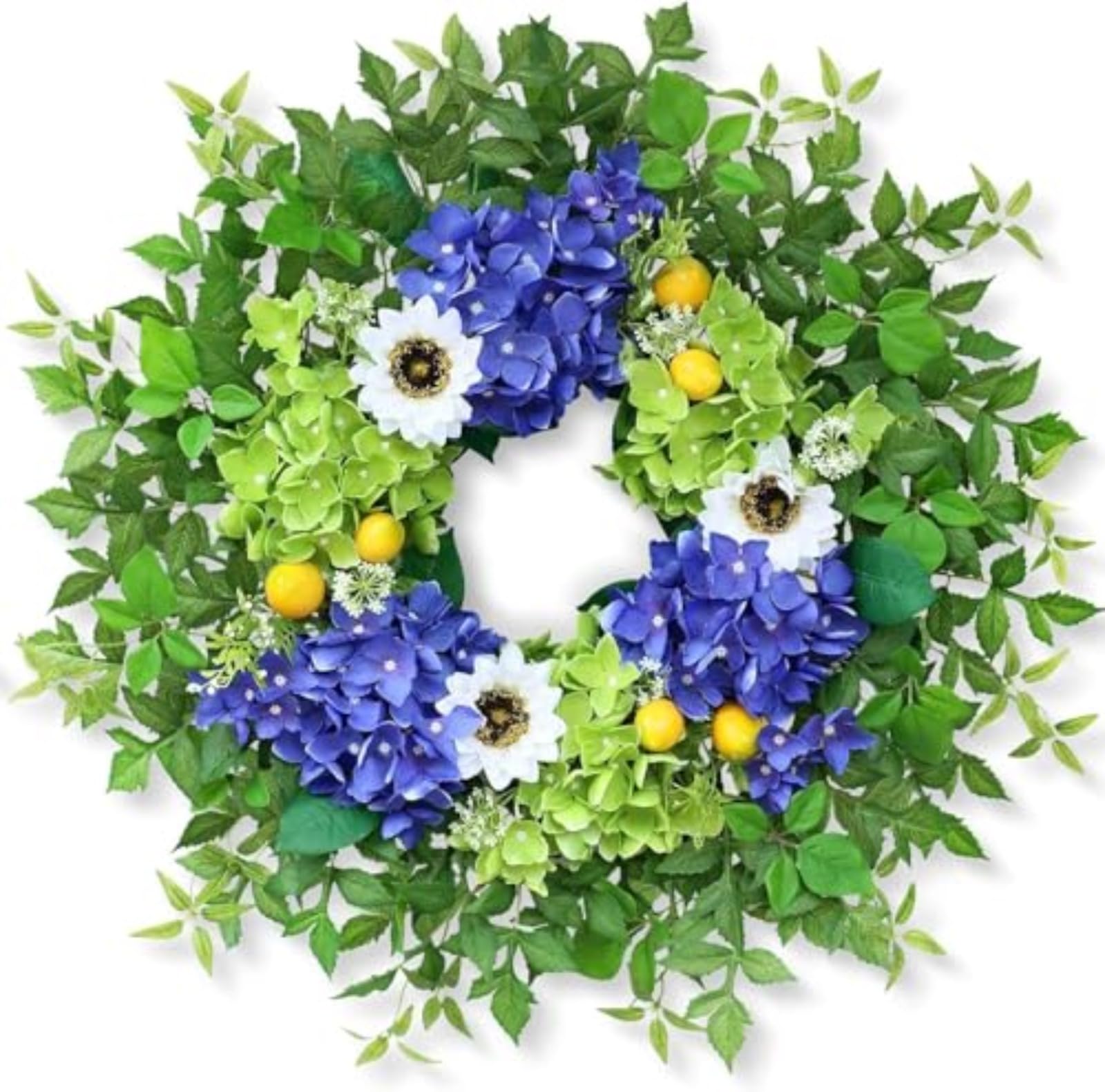 Artificial Summer Wreath 45cm Blue Hydrangea Lemon Floral Wreath with Greenery for Front Door All Season Home Decor (55CM)