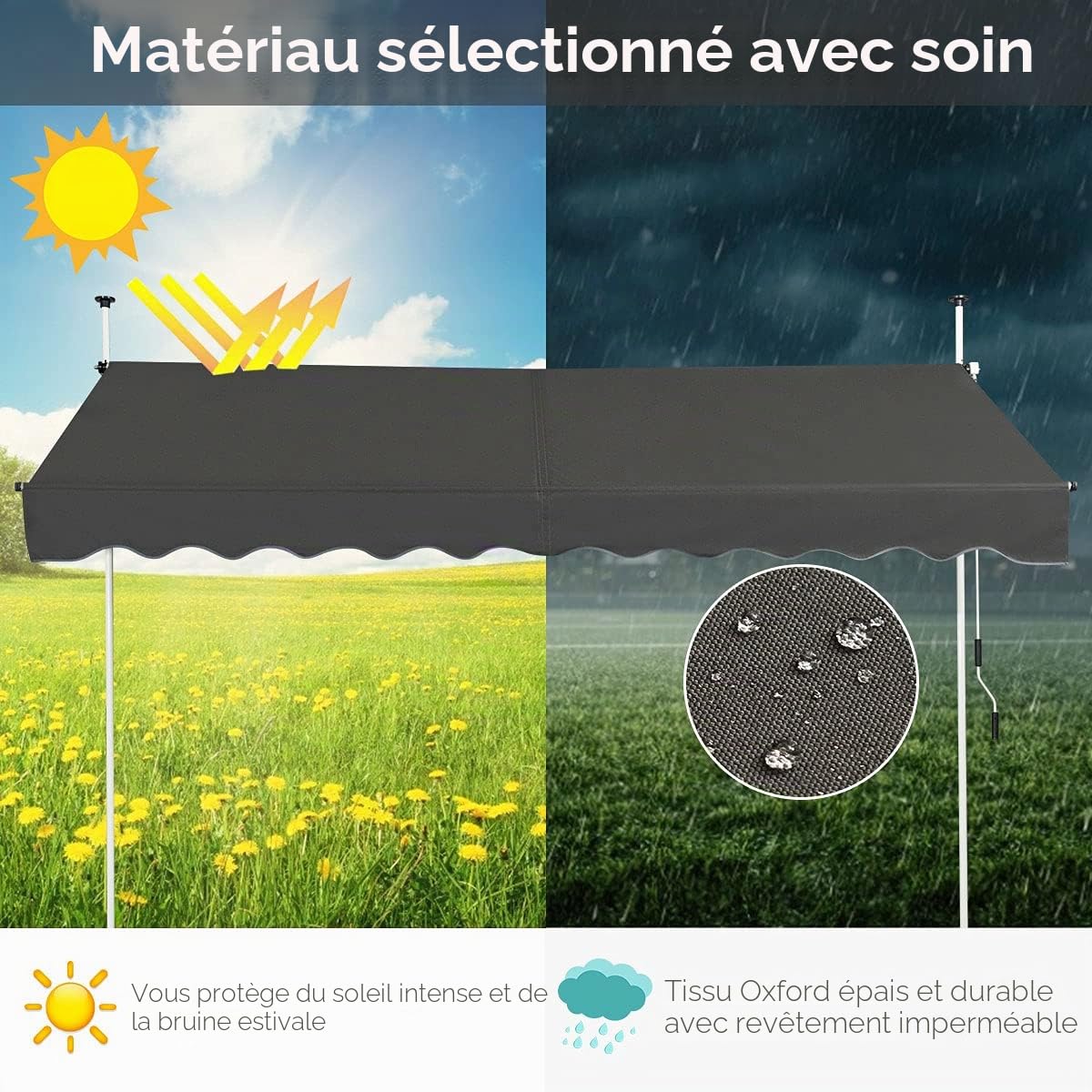FANTASK Store de Balcon à Serrage de 300 cm de Large avec manivelle, réglable en Hauteur sans perçage, résistant aux UV, imperméable, Store de Soleil (Gris)