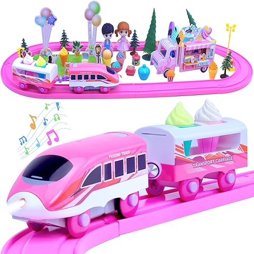 Juegos de tren rosa para niños pequeños, juguetes musicales de tren eléctrico con camión de helado de bricolaje, rompecabezas de espuma 3D, kit de