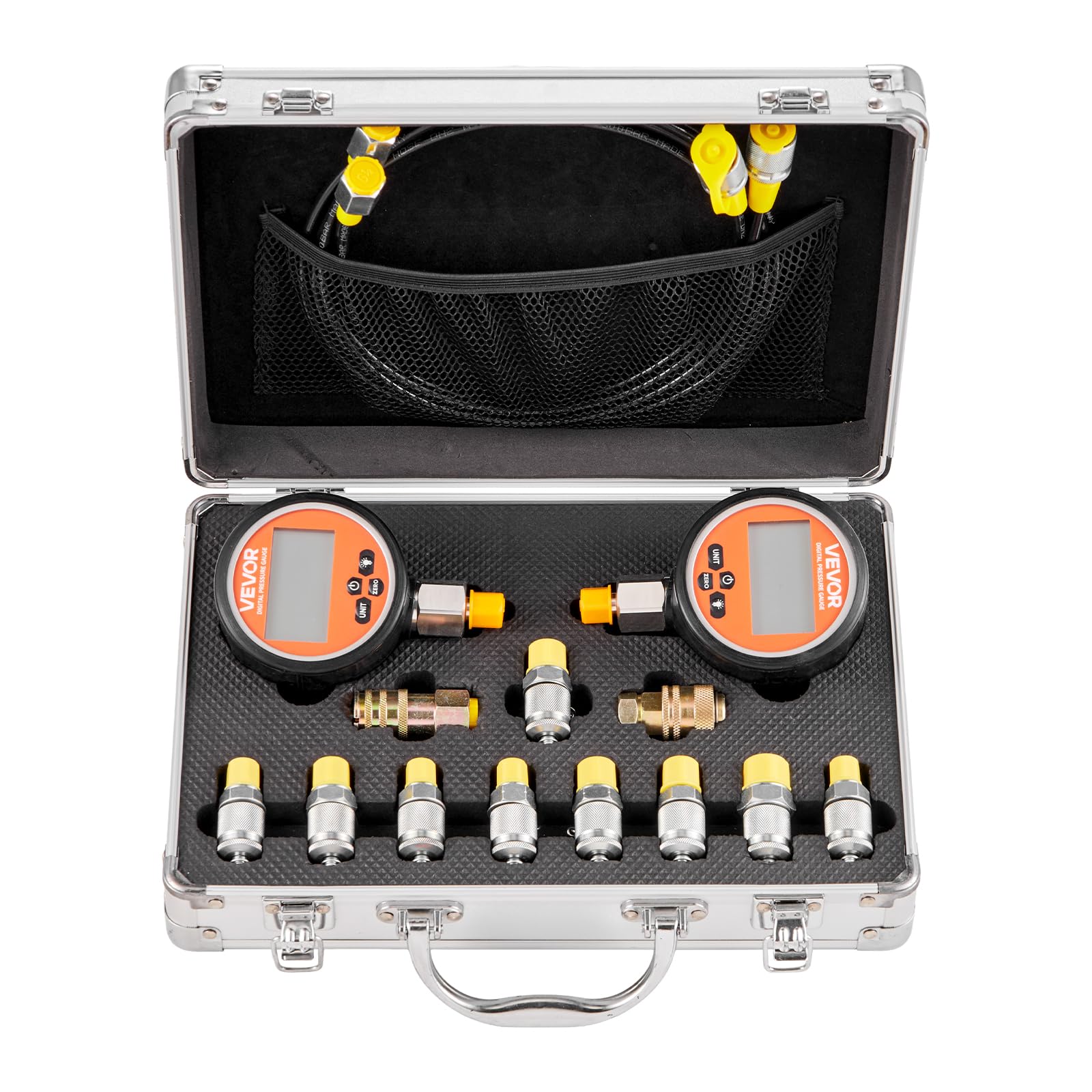VEVOR digitales Hydraulikdruck Testkupplungsset, 10000 PSI Druckmessgerät Manometer Tester mit 2 Messgeräten & 9 Testkupplungen & 2 Schnellkupplungen & 2 Schläuchen für Bagger Baumaschinen