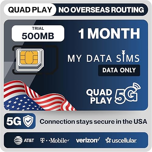 Quad Play 500 MB / 30 Days USA Based IOT SIM Card for Security Camera, Solar & Hunting Trail Game Cameras, Data Only USA SIM, 4G/5G on AT&T, T-Mobile, Verizon & US Cellular, Triple Cut 3-in-1