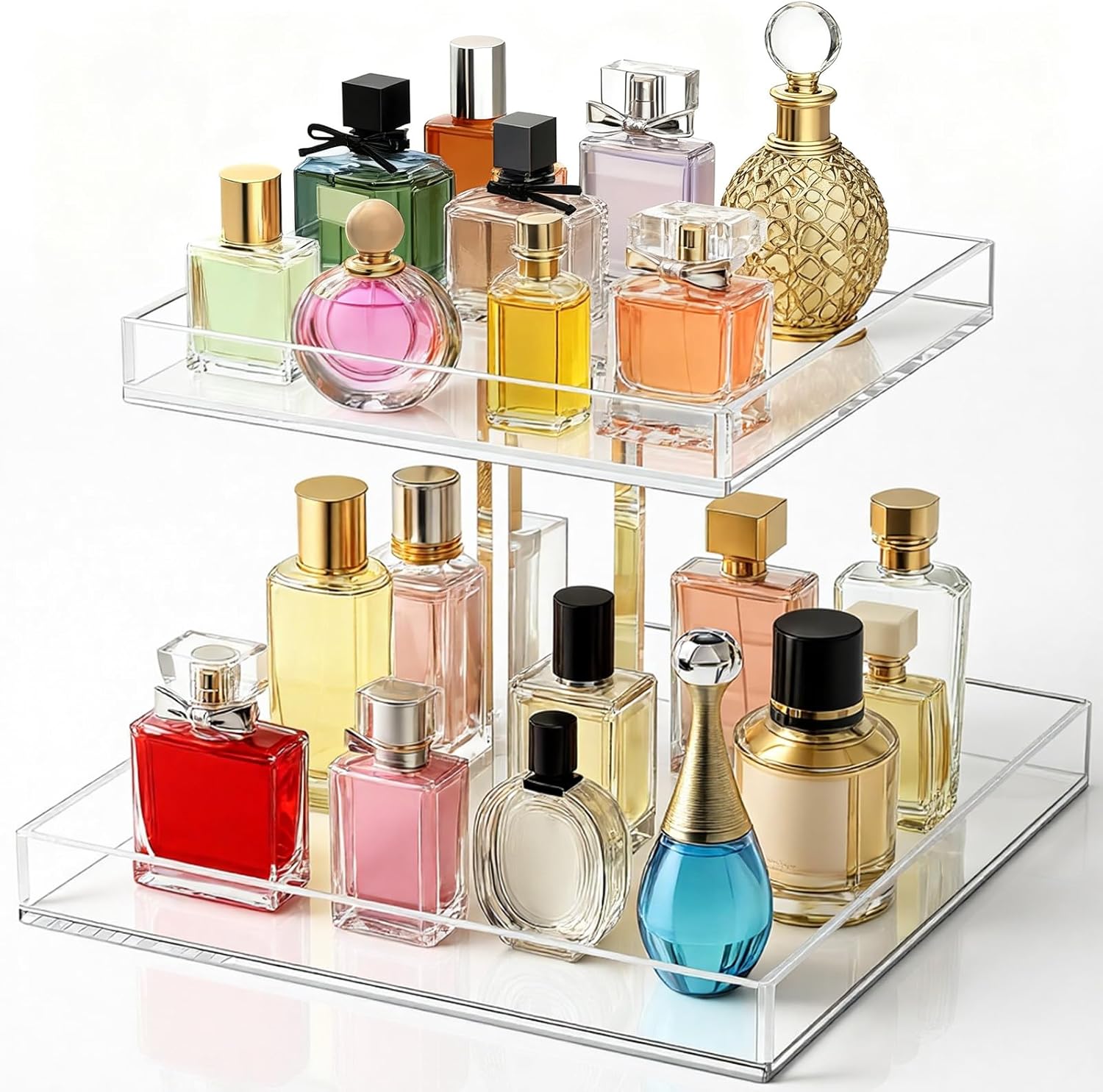 2-Tier Acrylic Bathroom Cosmetic Storage Organizer for Dresser and Countertop Standing Perfume Tray for Bedroom Decor