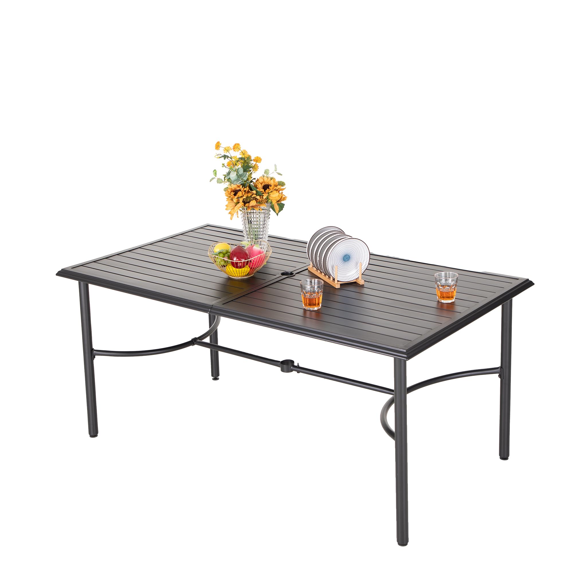MFSTUDIO 170.2 x 96.5 x 73.7cm Garden Table, Outdoor Dining Table, Metal Rustproof Steel Frame and 4 cm Parasol Hole, for Deck, Backyard, Lawn, Garden (Black)