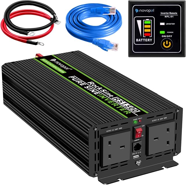 NOVOPAL Power Inverter Pure Sine Wave-1500 Watt 24V DC to 230V/240V AC Converter-2AC Outlets Car Inverter with One USB Port-5 Meter Remote Control And Two Cooling Fans-Peak Power 3000 Watt