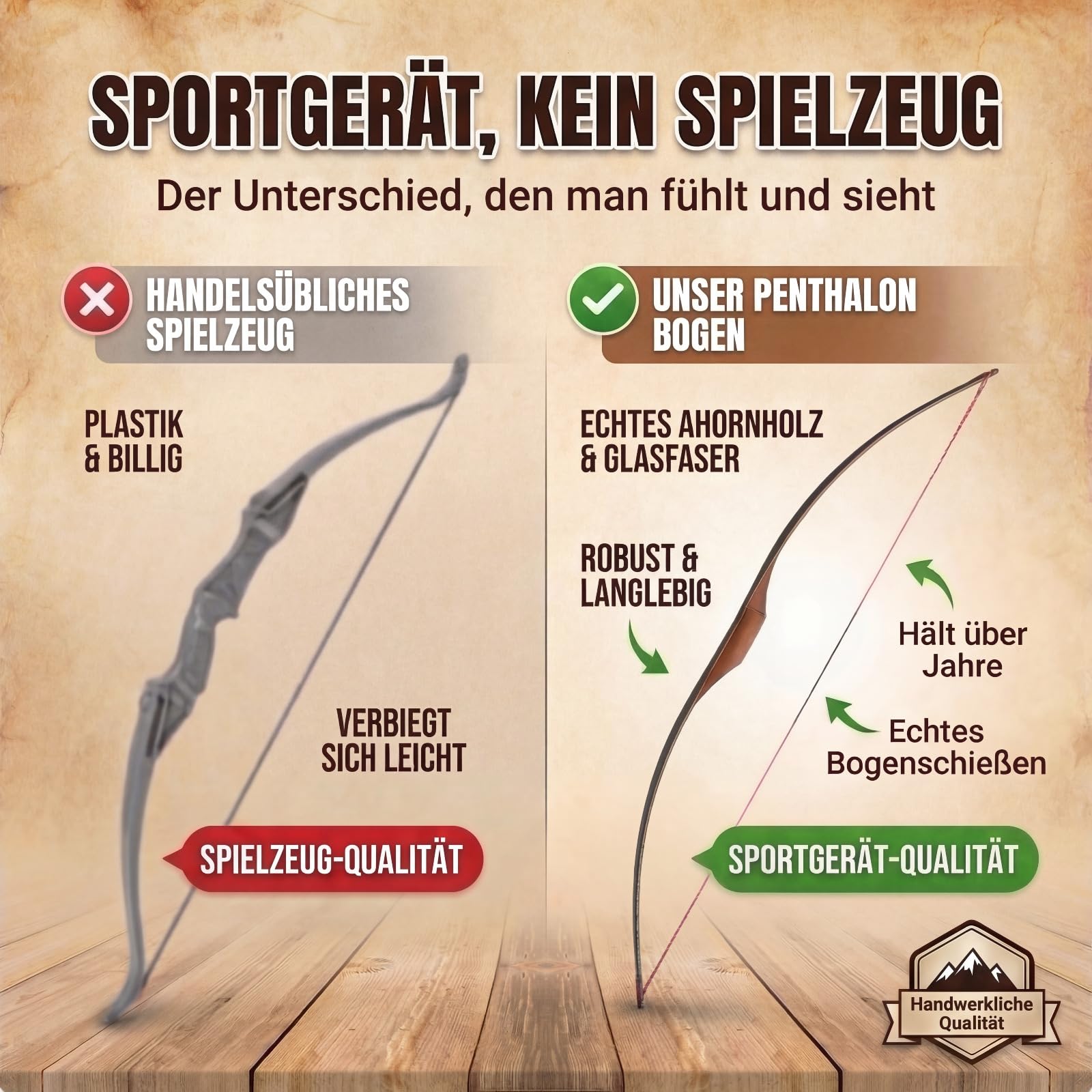 Penthalon Little Sioux Kinder Bogen - hochwertiger Bogensport Langbogen aus Holz für Kinder von 6-10 Jahre, Bogenlänge 35 Zoll/89 cm, Zuggewicht 10-15 lbs