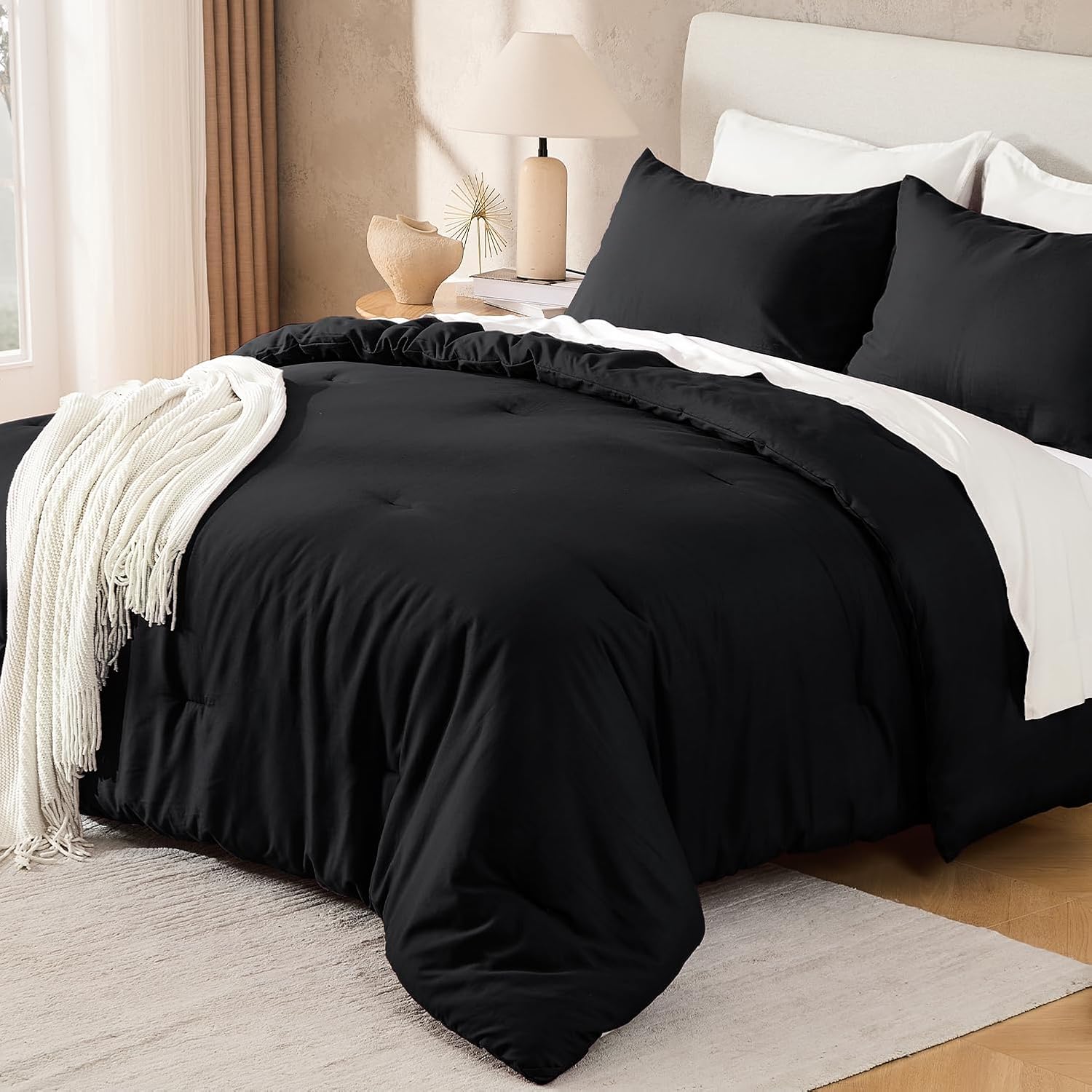 Andency Black Full Size Comforter Set, 3 Pieces Fluffy Solid Bedding Comforters & Sets, All Season Soft Lightweight Microfiber Bed Blanket Set for Kids Teens Boys