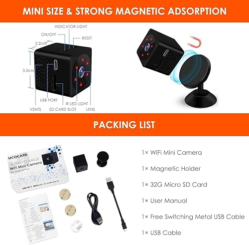 Miniatura 7 de Cámara espía WiFi o sin WiFi opcional, mini cámara de seguridad 4K con tarjeta de memoria de 32 GB, cámaras para seguridad del hogar, gran angular