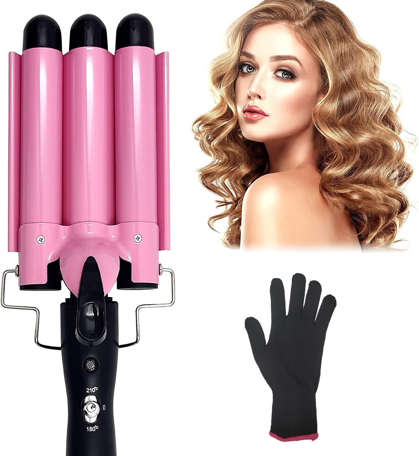 3 Barrel Curling Iron 25mm, 1-Inch Crimper Hair Iron Temperature Adjustable, Hair Crimper Ceramic Tourmaline Fast Heating Curling Wand with Heat Resistant Glove(Pink)