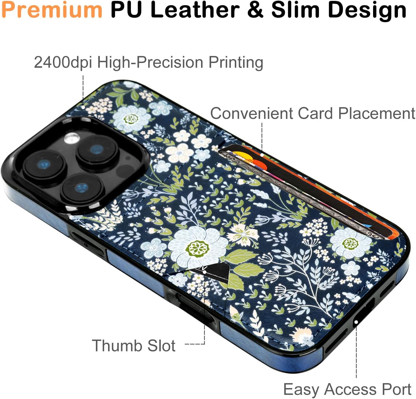 uCOLOR for iPhone 16 Pro Case with Card Holder- Slim Leather Wallet Case Credit Card Holder Moneymate Protective Hidden Card Slot Cover for Women Man 6.3"(Blue Daisy, iPhone 16 Pro) - Image 4