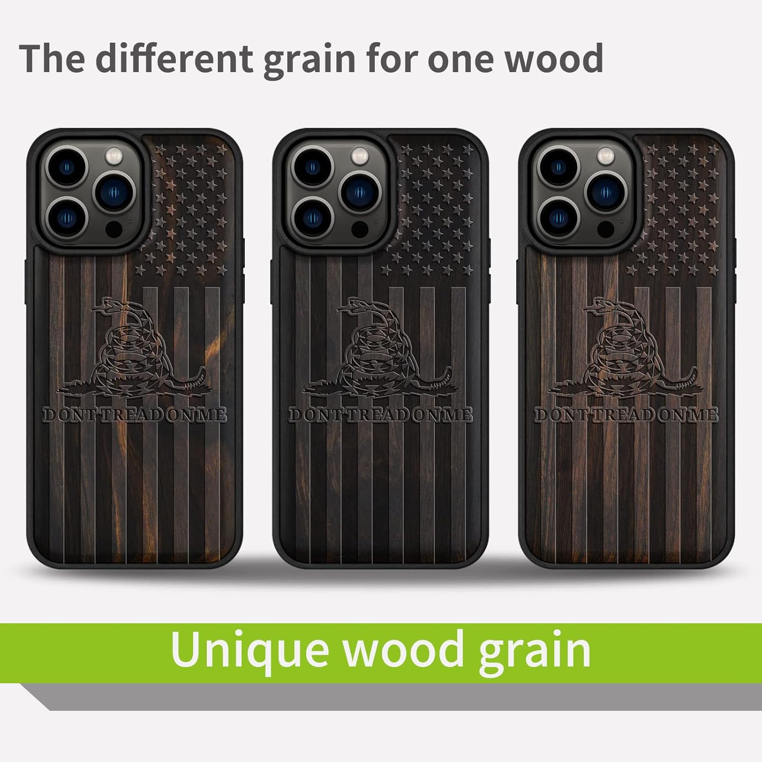 Carveit Magnetic Wood Case for iPhone 14 Pro Max [Natural Wood & Black Soft TPU] Unique & Classy Wooden Shockproof Protective Cover Compatible with magsafe (Gadsden Flag -Blackwood)
