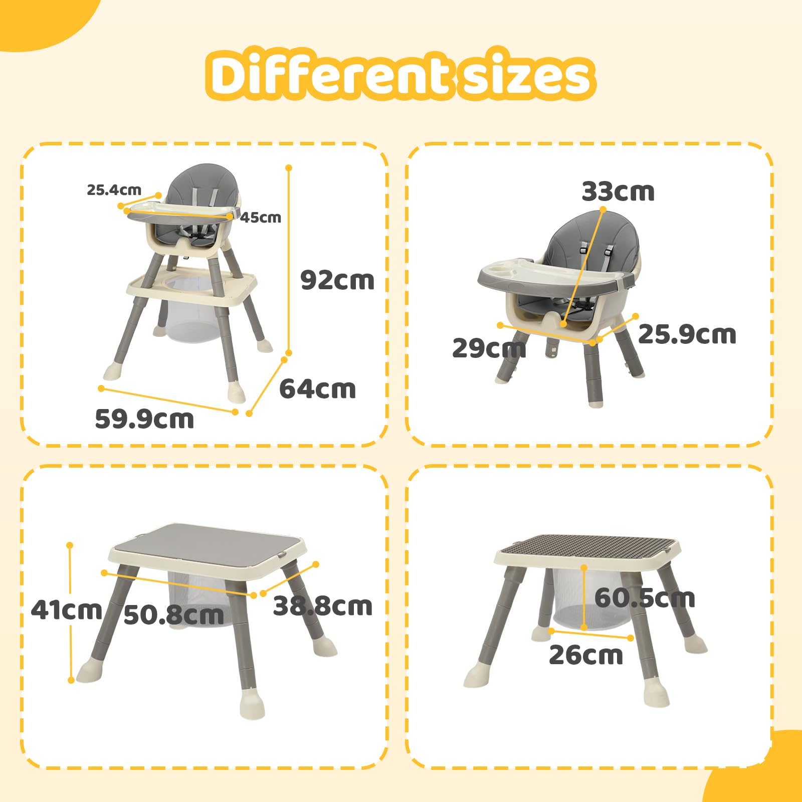 Bonnlo Baby Hochstuhl mit Liegefunktion, Hochstuhl Baby ab 6 Monate für Essen und Badewanne, Premium Babystuhl mit Goldrahmen, Inkl. Doppeltablett und Fußstütze, Bis 15 kg (Grau)