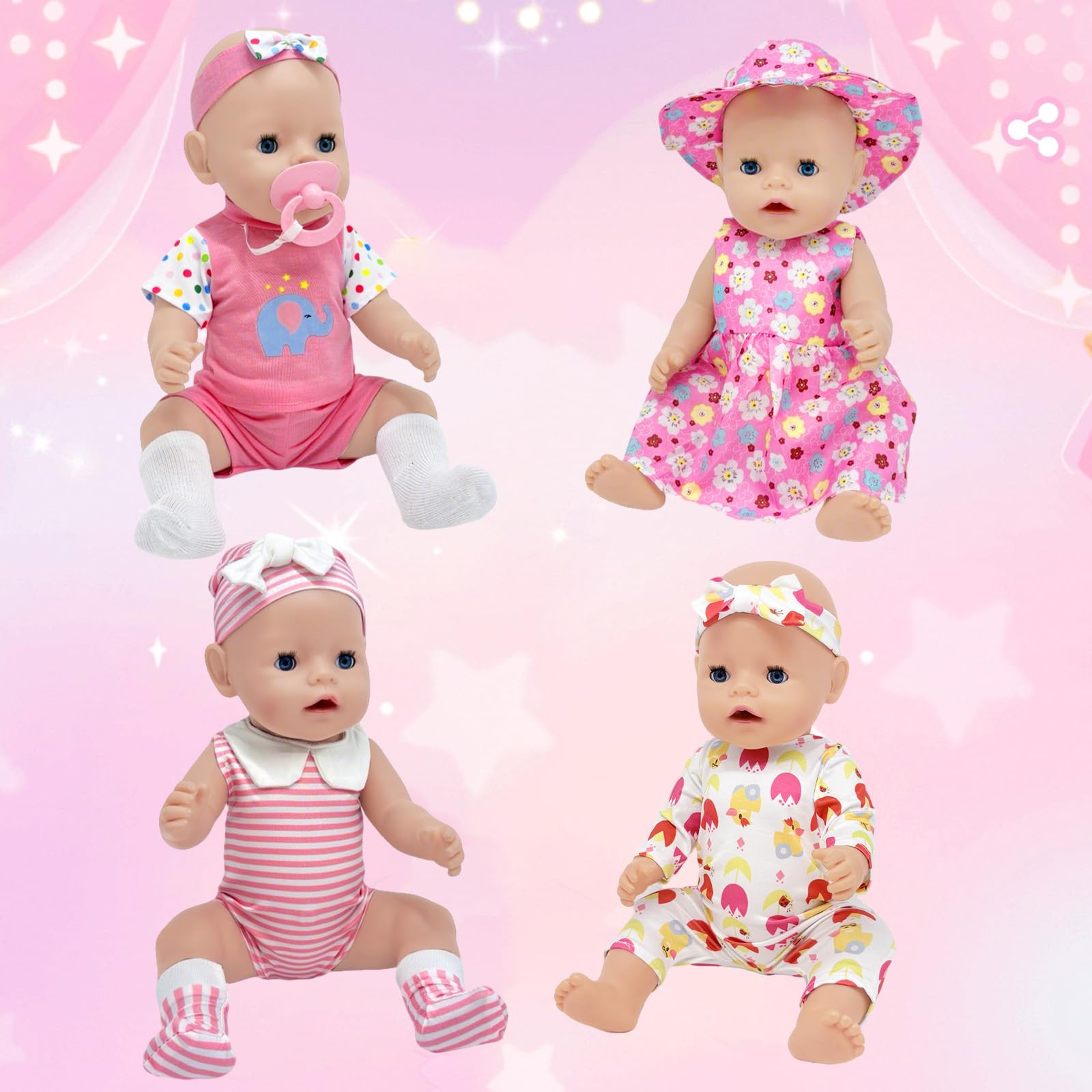 WanderGo Baby Doll Clothes for 35-43 cm Dolls, 4 Piece Sweet Baby Doll Outfits includes Short-Sleeve Set, Long-Sleeve Set - Image 3