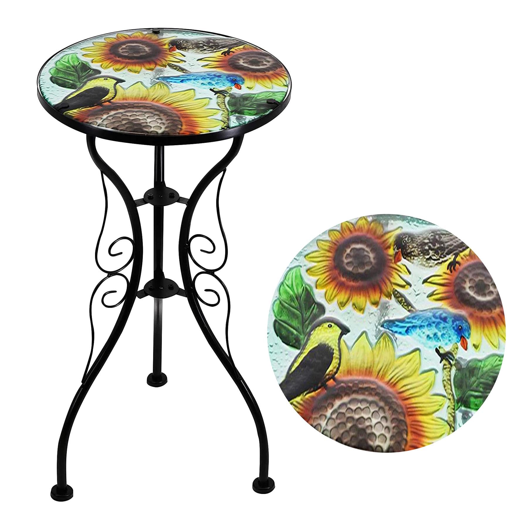 GEEZY Mosaic Garden Table โ Sunflower Design, Weatherproof Glass & Iron, Small Round Outdoor Patio Coffee Versatile Bistro Side Table Plant Stand for Home & Gift, 30.5 cm Diameter, Garden Tables Only