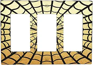 Decorative Outlet Covers Black Spider Spiderweb on Golden Background 3 Gang Outlet Cover Wall Plate Triple Rocker Light Switch Cover Plate Switch Plate Covers for Bedroom Decor