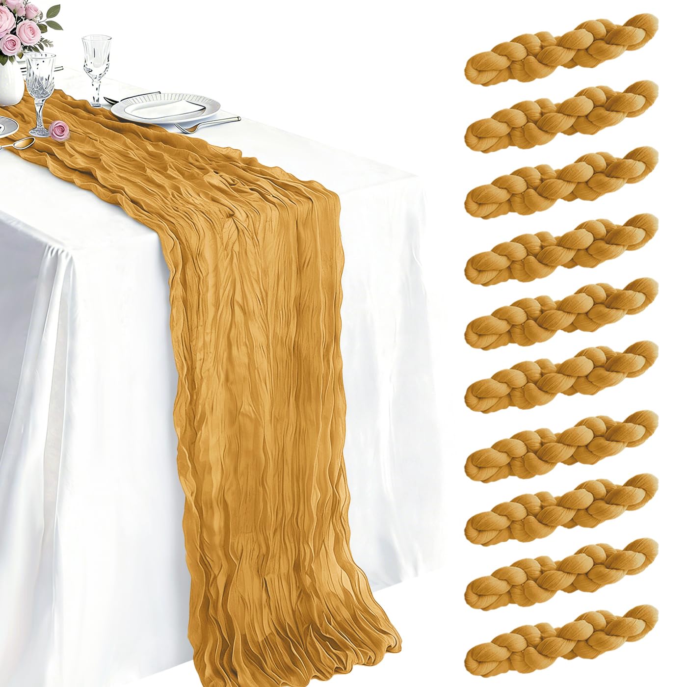 Photo 1 of 10 Pack Gold Cheesecloth Table Runner 21 x 120 Inch Boho Gauze Sheer Table Runner 10FT Long for Wedding Baby Shower Bridal Shower Easter Holiday Birthday Home Decor