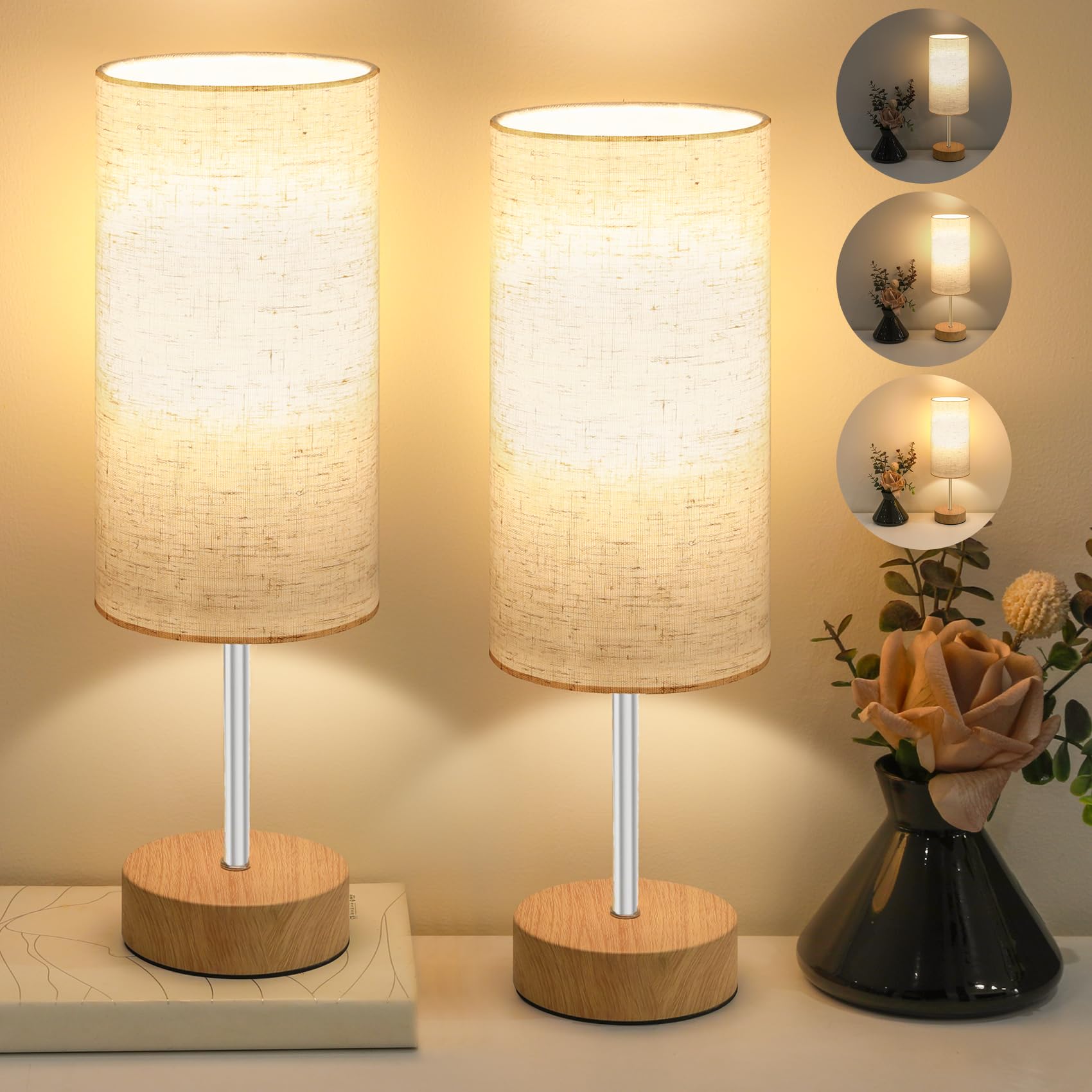 Aomeya Bedside Lamps Set of 2, 3-Way Dimmable Touch Table Lamps for Bedroom and Living Room with Linen Fabric Shade(Bulb Included)