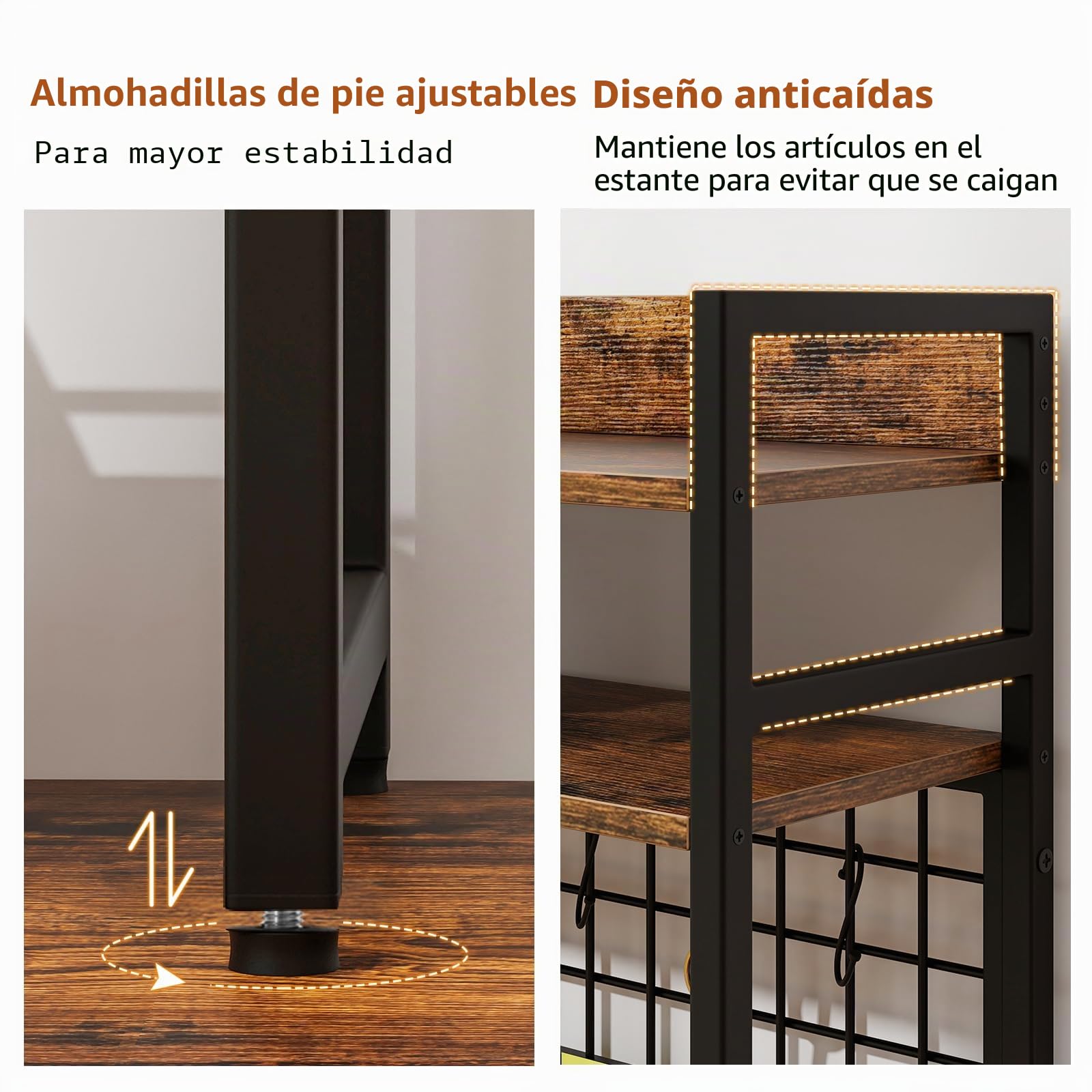 HOMASIS Estantería de Escritorio De 4 Niveles con 6 Ganchos Y Rejilla, Estantería de Madera y Metal, Organizador de Mesa con Bloqueo Antivuelco para, 94 x 25 x 73,5 cm (Marrón)