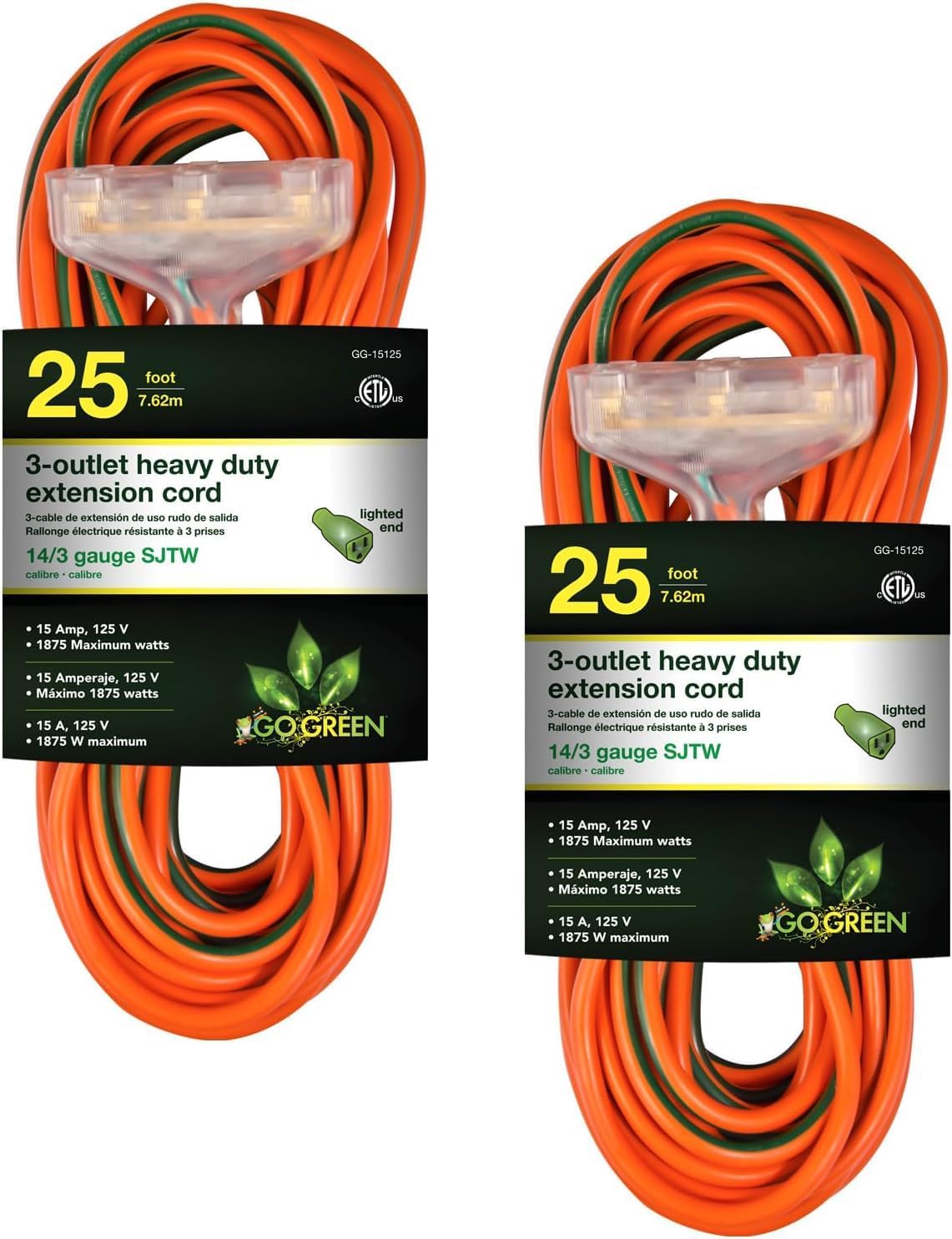 GoGreen Power Inc. (G-15125-2) 14/3 25' 3 Outlet Heavy Duty Extension Cord - Orange, 25ft, 2 Pack