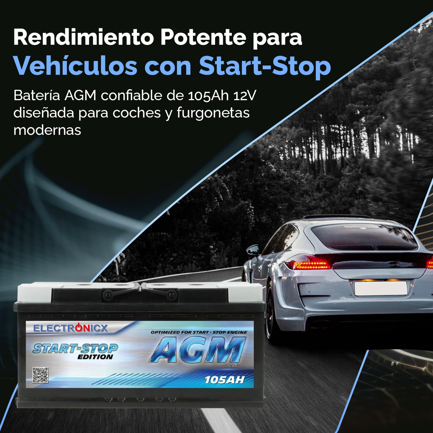 Electronicx batería de coche AGM 105Ah 12V – batería de arranque 950A EN, batería AGM 105 Ah, sin mantenimiento, sellada, resistente a vibraciones, compacta, potente, ideal para SUV