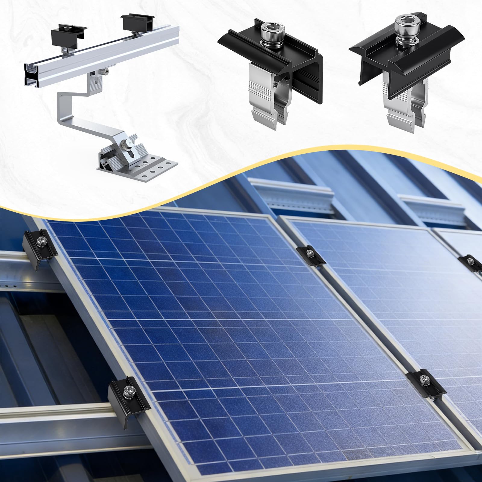 EXLECO Kit de 10 Support Panneau Solaire 30-45mm, Fixation Panneaux Solaires Photovoltaïque en Aluminium pour Rail, PV Pince de Toit - 5 Pièces Pinces Centrales et 5 Pièces d'Extrémité, Noir